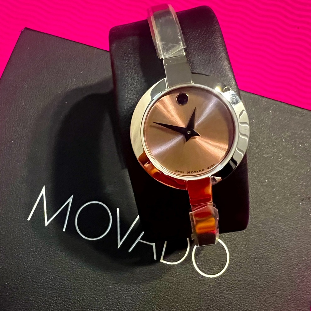 nwt movado women’s bela pink dial bangle watch